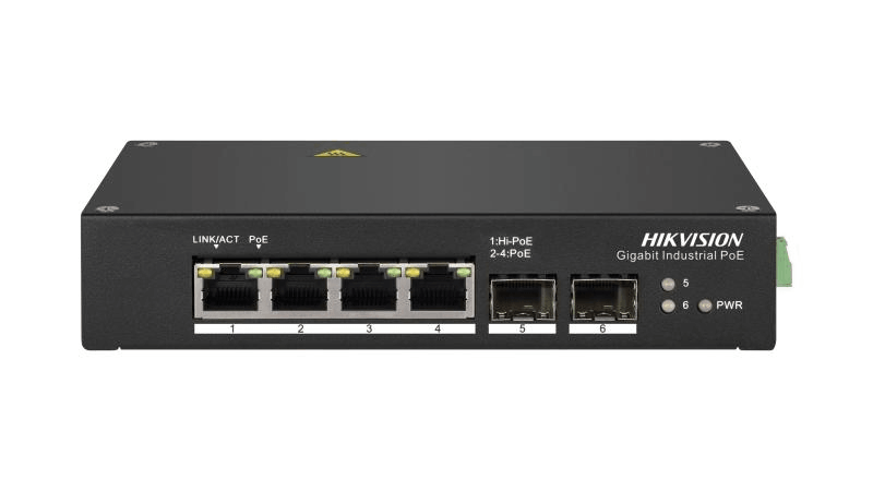 Hikvision DS-3T0506HP Industrial 4-Port Gigabit Hi-PoE Switch with 2 SFP Ports, 90W Output, DIN Rail Mount