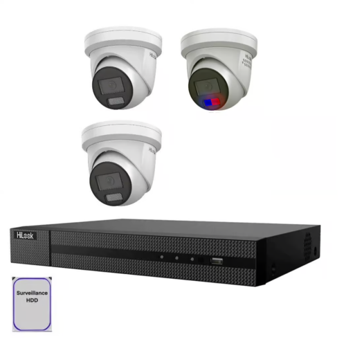 HiLook 4 Channel CCTV Kit for Home Security, 4K NVR, 2x T361H-MU, 1x T269-MU/SL 6MP AI, Night Vision, Strobe, 2-Way Audio, 4TB