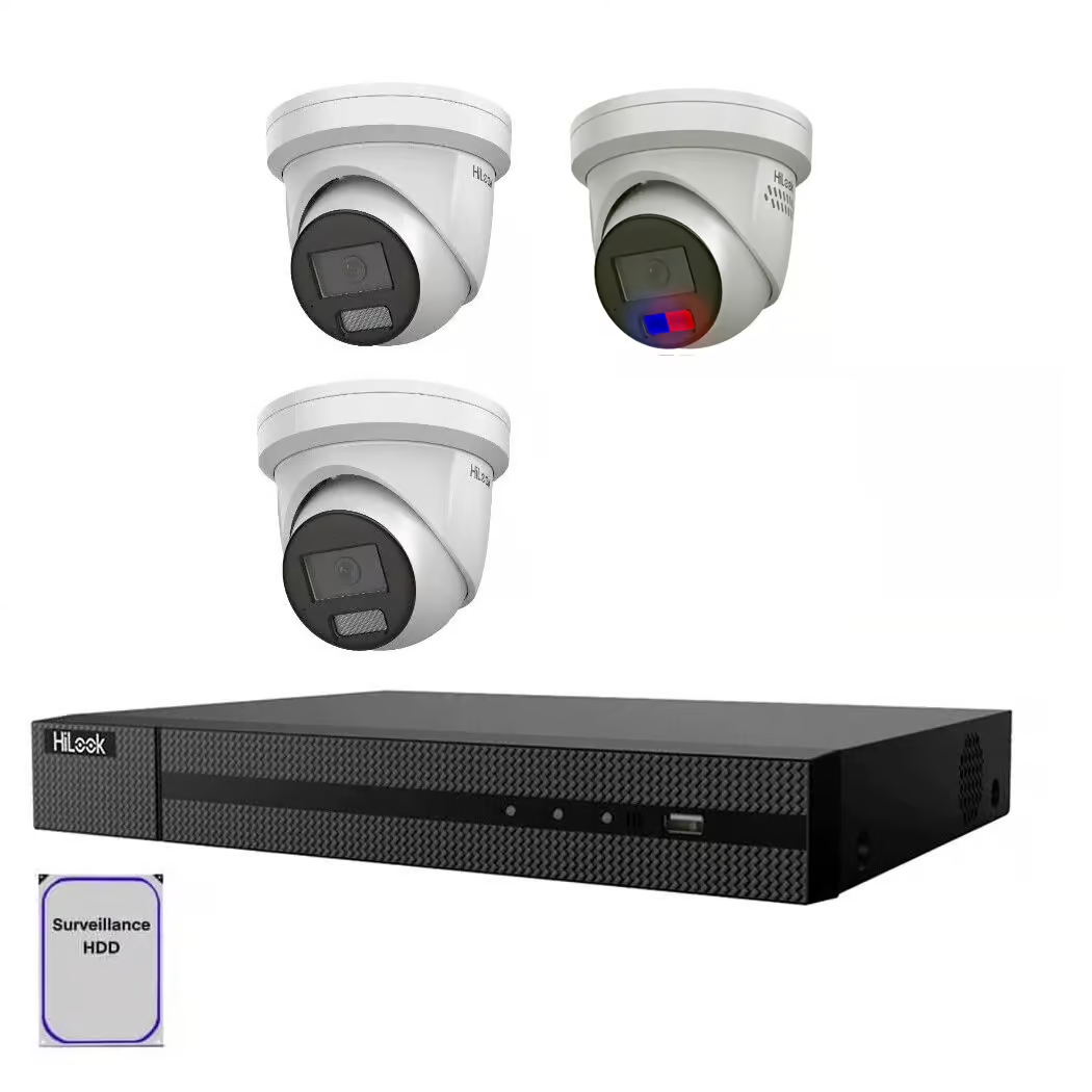 HiLook 4 Channel CCTV Kit for Home Security, 4K NVR, 2x T361H-MU, 1x T269-MU/SL 6MP AI, Night Vision, Strobe, 2-Way Audio, 4TB